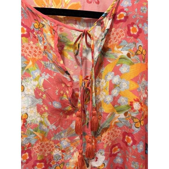 Johnny Was Silk Kaftan Poncho Kimono Blouse One Size Pink Floral Butterfly Boho* - Picture 4 of 5